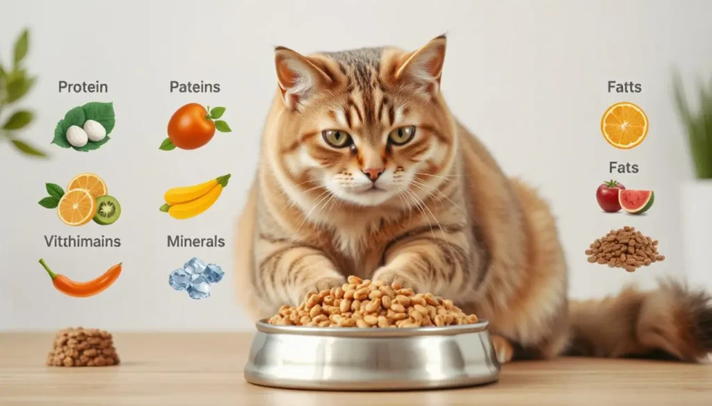 Nutritional chart showing essential nutrients for a balanced cat diet like proteins, fats, and vitamins.