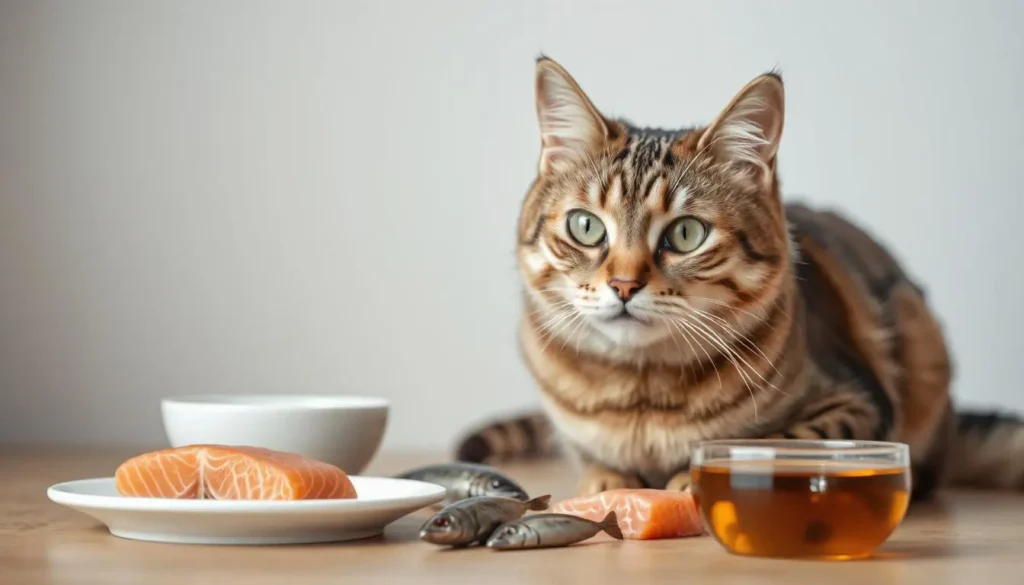 A healthy cat sitting beside a variety of omega-3-rich foods, such as salmon and flaxseed oil.