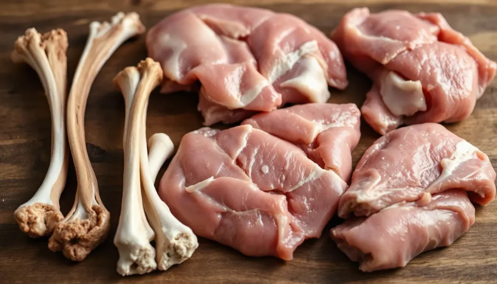 Close-up of raw chicken, organ cuts, and bones neatly arranged.