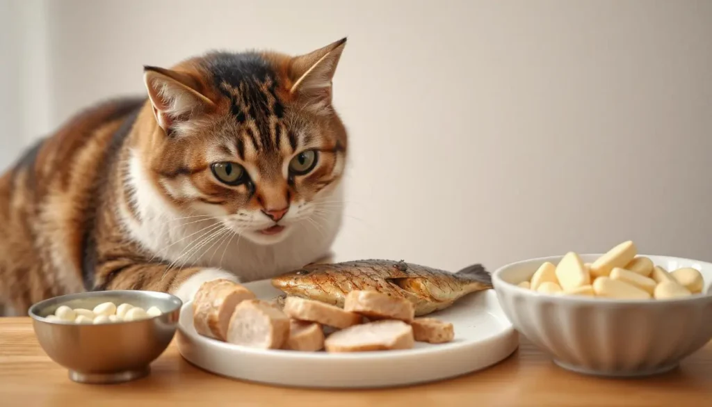 Small bowls containing supplements like calcium powder, zinc, and vitamins, placed next to a bowl of homemade cat food.