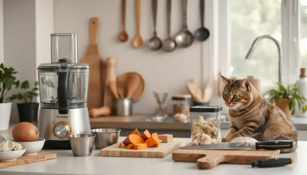 Kitchen tools like a food processor, storage containers, and fresh ingredients for making cat food.