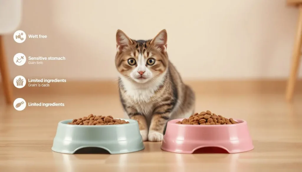 A side-by-side comparison of wet and dry cat food bowls labeled with benefits for sensitive stomachs.