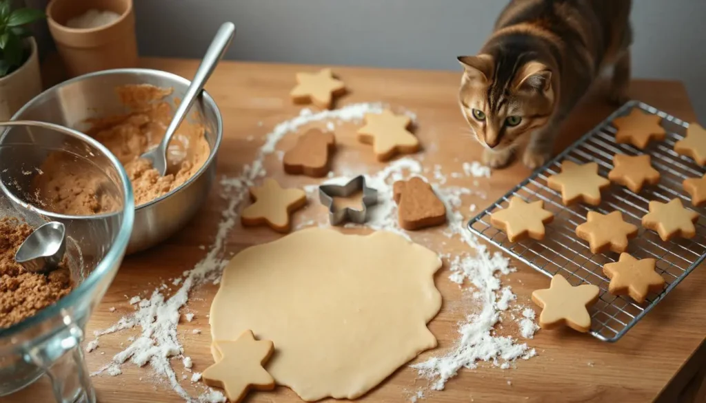 Steps to make cat treats, including mixing ingredients, cutting shapes, and cooling baked treats.