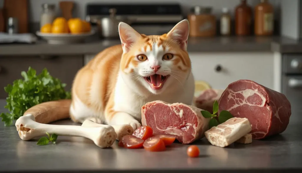 Various raw ingredients like meat, organs, and bones, essential for a balanced raw cat diet.