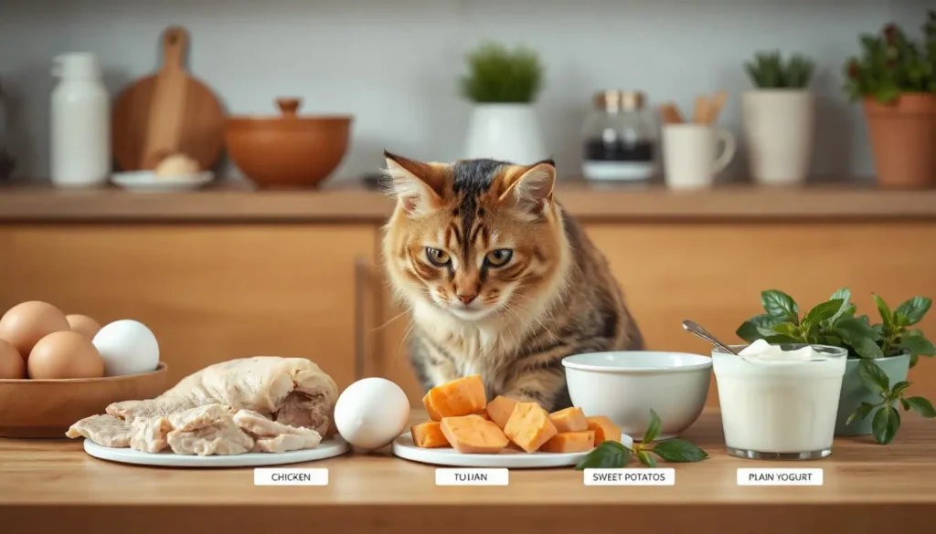 A collection of cat-safe ingredients for baking, including tuna, chicken, eggs, and sweet potatoes.