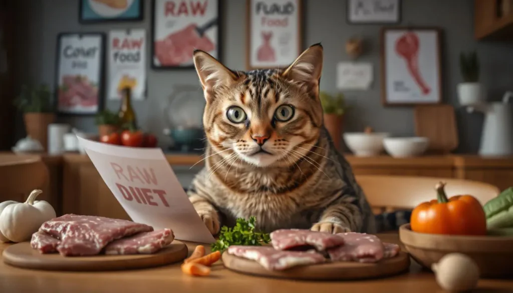 Cat owner looking at raw food diet guide with raw meats on the table.