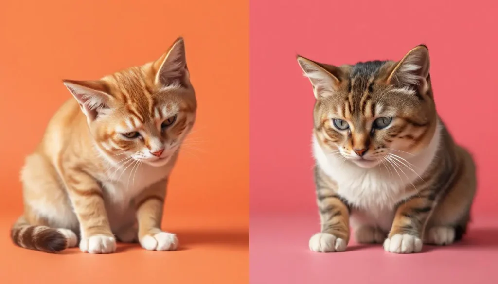 A split image of a cat scratching its skin and another cat showing discomfort after eating.