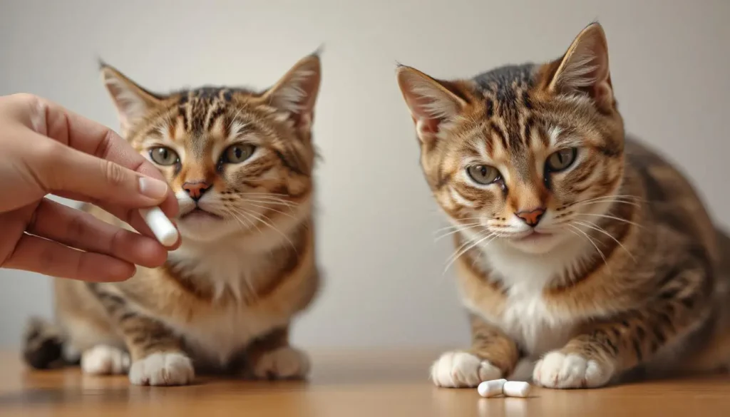 A cat refusing a pill but eagerly accepting a treat in another frame.