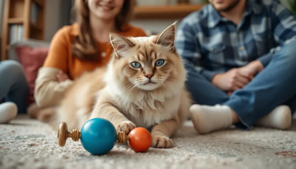 A playful Ragdoll cat interacting with a toy in a warm family home, emphasizing its sociable personality.