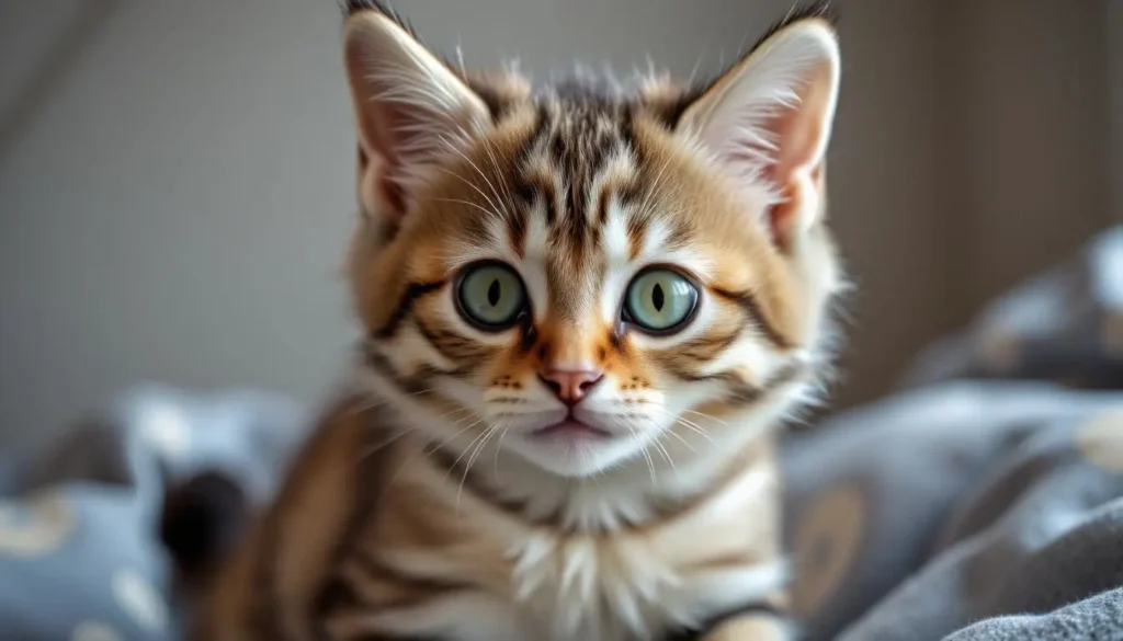 Close-up of a Maine Coon kitten with green eyes and tufted ears.

