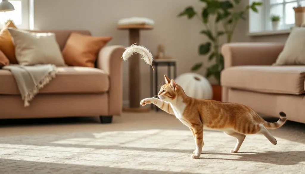 A playful Abyssinian cat mid-jump, chasing a feather toy in a cozy living room.