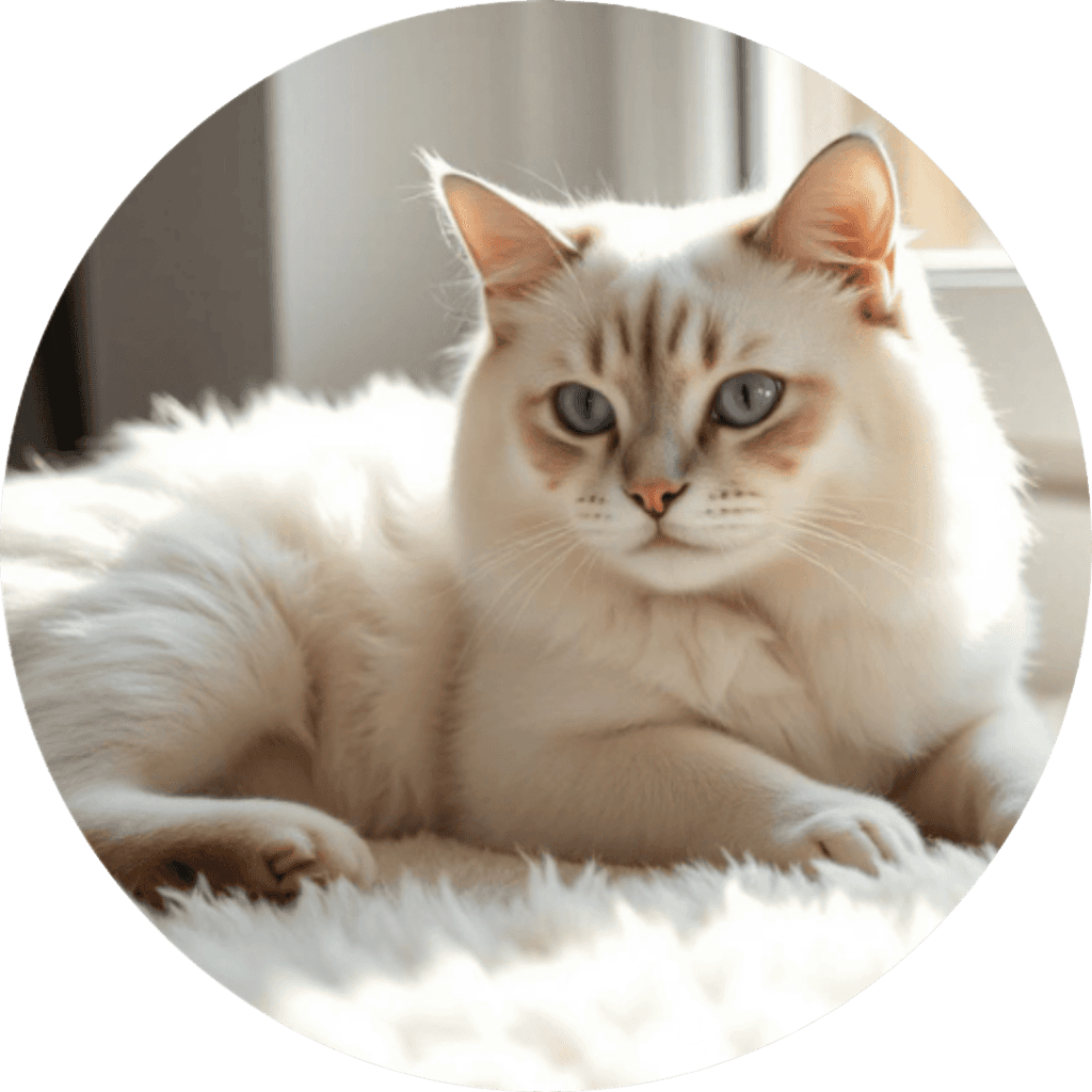 Ragdoll cat with silky fur and blue eyes, lying on a fluffy white rug.