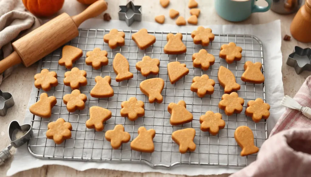 Freshly baked cat treats on a cooling rack, shaped like fish and paws, with baking tools nearby, showcasing the best cat treat recipes for your furry friend.