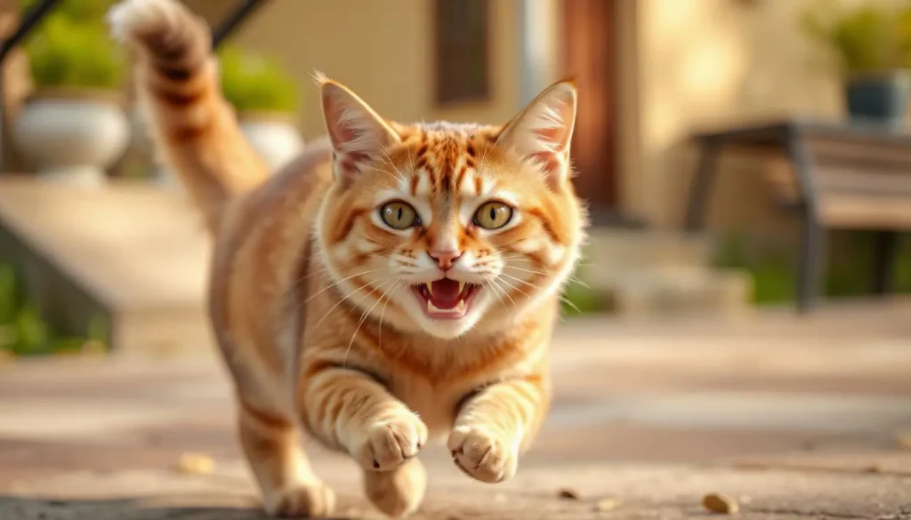 A playful cat with a shiny coat and bright eyes outdoors, symbolizing improved health on a raw diet.