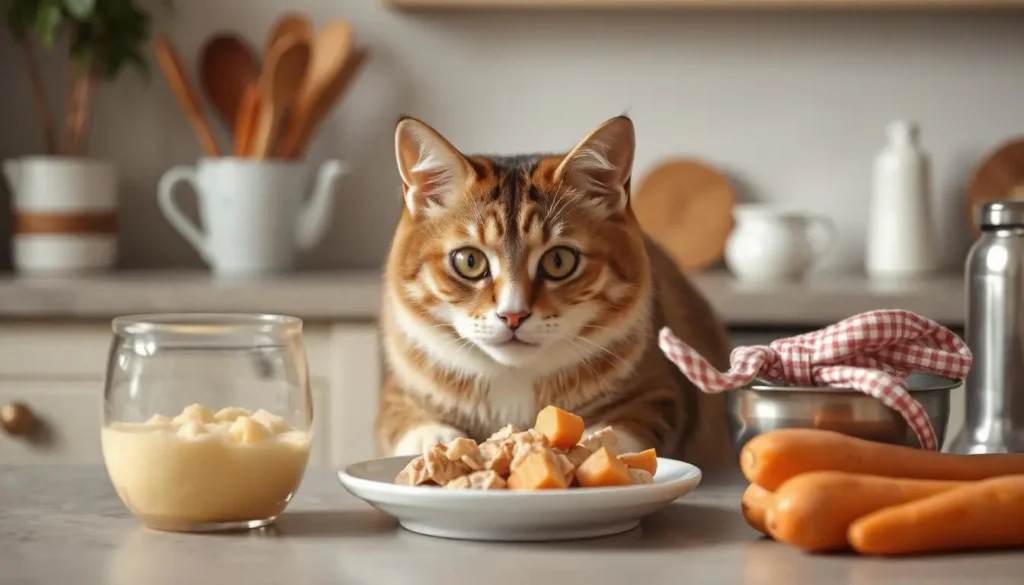 Healthy ingredients for a homemade cat birthday cake, including chicken, carrots, and sweet potatoes.