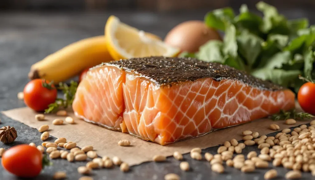 Close-up of fresh wild-caught salmon, highlighting its rich nutrients and omega-3 fatty acids.