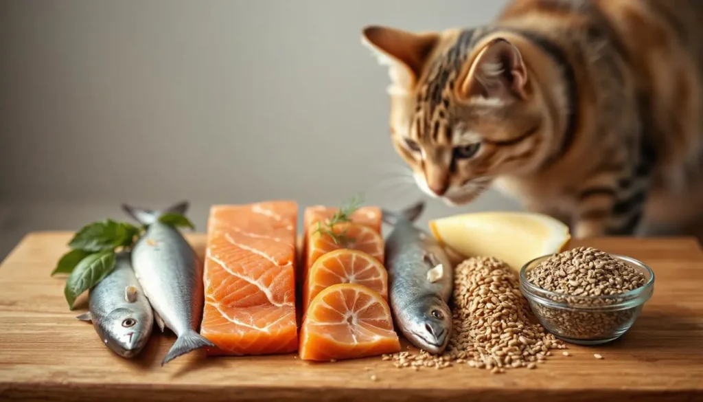 A happy cat surrounded by omega-3-rich ingredients like salmon, sardines, flaxseeds, and fish oil, emphasizing omega 3 for cats.