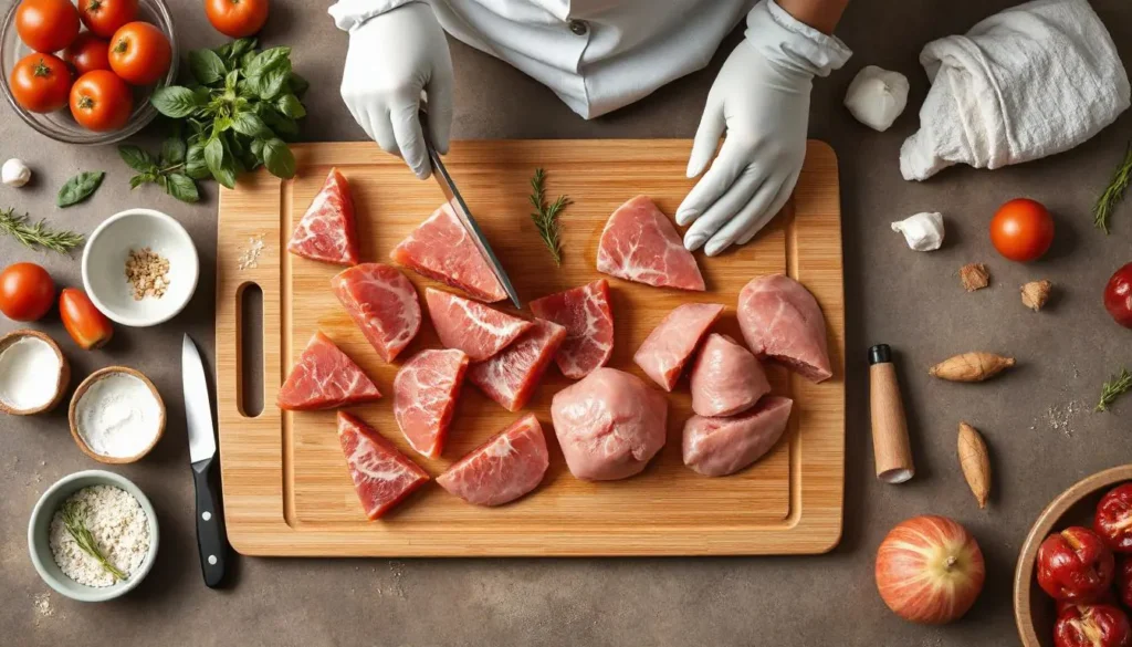 Kitchen tools like gloves, cutting boards, and raw food displayed with safety in mind.