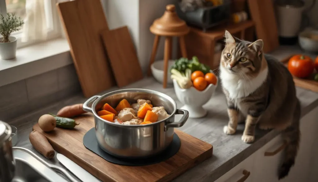 Best food for cats that throw up: A bowl of natural, homemade cat food featuring boiled chicken, rice, and sweet potato, designed for sensitive stomachs.