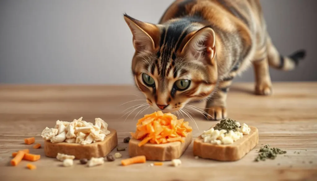 A spread of cat treats featuring added ingredients like chicken, carrots, and catnip, with a curious tabby cat.