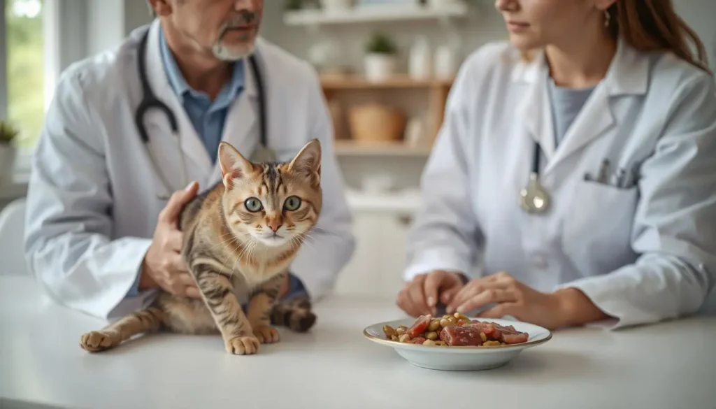 Veterinarian examining a cat with a concerned pet owner, discussing its dietary needs.