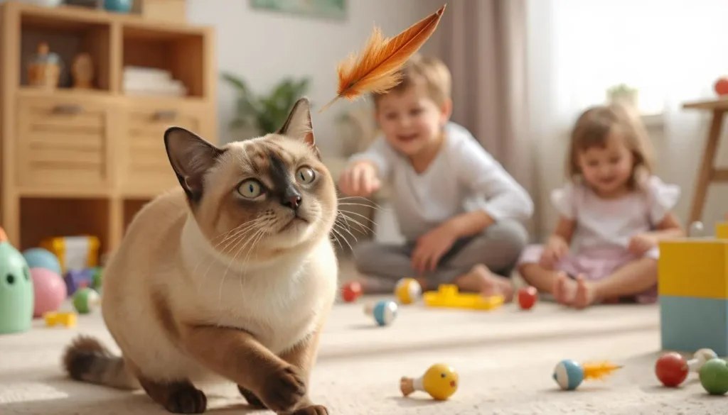 A playful Siamese cat batting at a feather toy with curious blue eyes