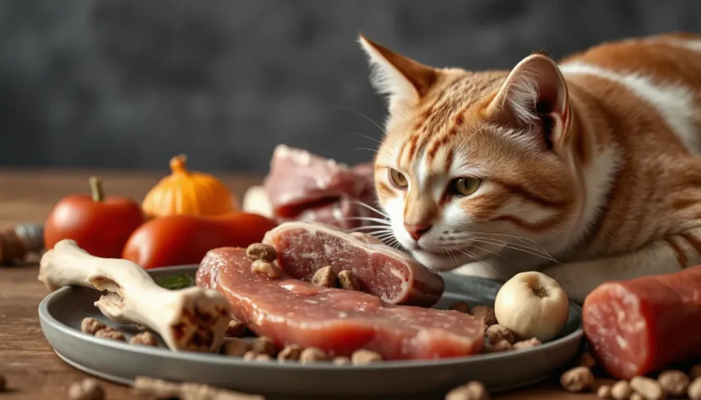 Close-up of raw meats, organs, and bones with visible nutrients for a cat's diet.