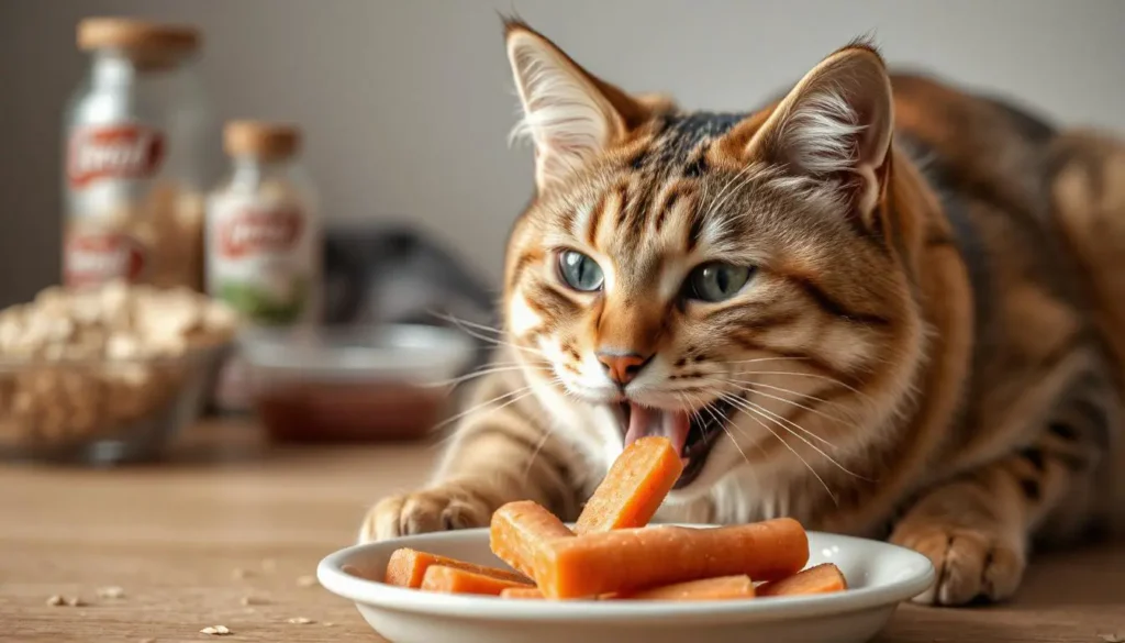 A cat enjoying a natural treat made from tuna, oats, and vegetables.