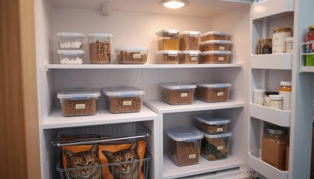 Freezer-safe containers, BPA-free jars, and reusable bags for raw cat food storage in a tidy kitchen.