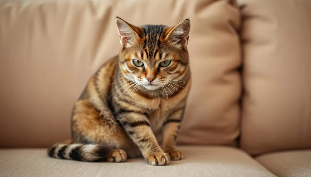 A cat with skin irritation and stomach issues sitting on a couch, feeling unwell due to food allergies.