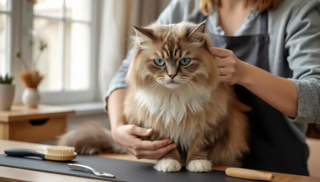 An owner brushing a Ragdoll cat’s fur, with grooming tools in a cozy room, demonstrating proper care.