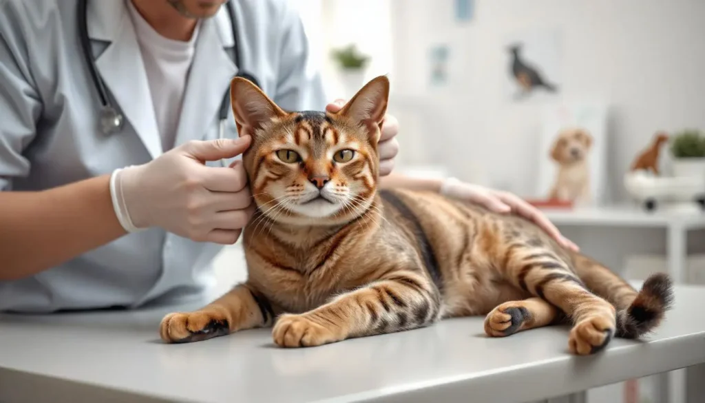 An Abyssinian cat being examined by a veterinarian in a bright and professional clinic.