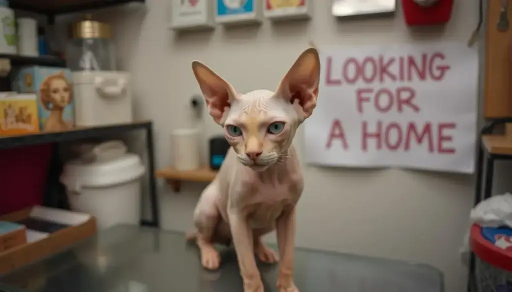 Sphynx cat sitting at a rescue center with a 'Looking for a Home' sign