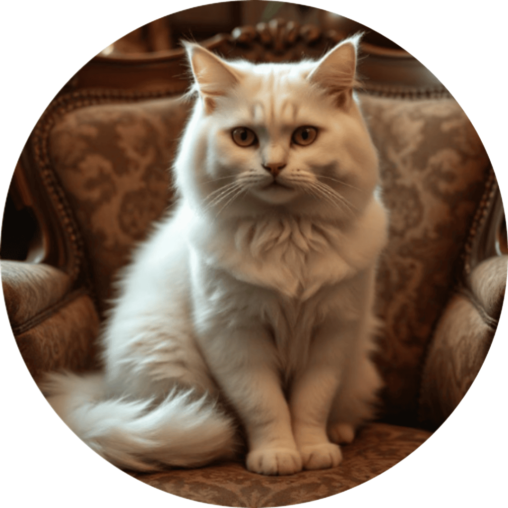 Elegant Persian cat with a white luxurious coat and flat face, sitting on a Victorian chair.