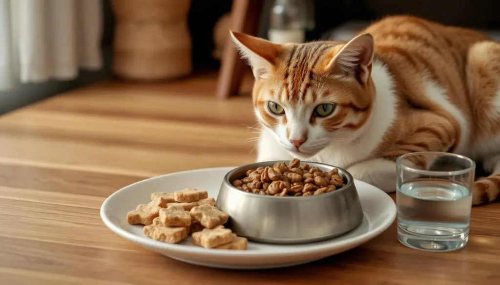 A balanced meal setup for cats with wet food, dry food, and a small portion of homemade treats on a plate.