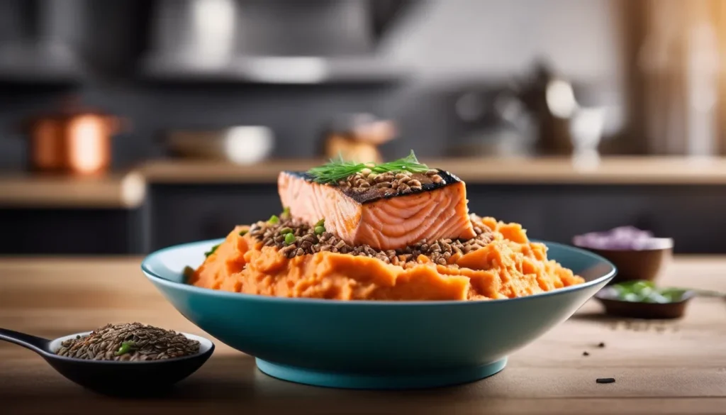 A bowl of mashed sweet potatoes mixed with canned salmon and flaxseed in a clean kitchen environment.