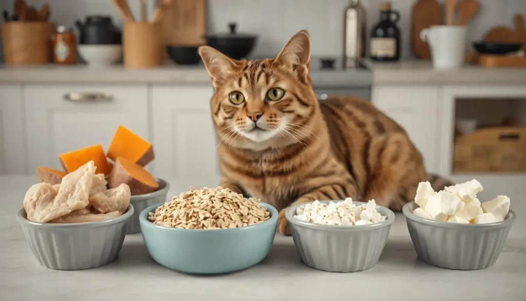 Essential ingredients for a homemade cat birthday cake: chicken, sweet potatoes, oats, and cottage cheese.