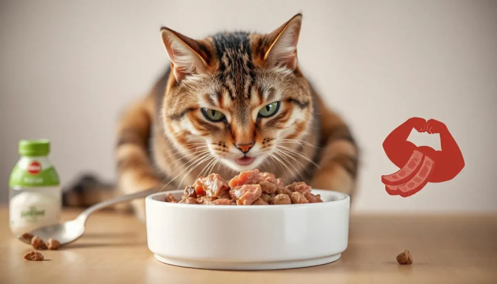 Cat enjoying a protein-rich homemade meal, emphasizing the importance of amino acids