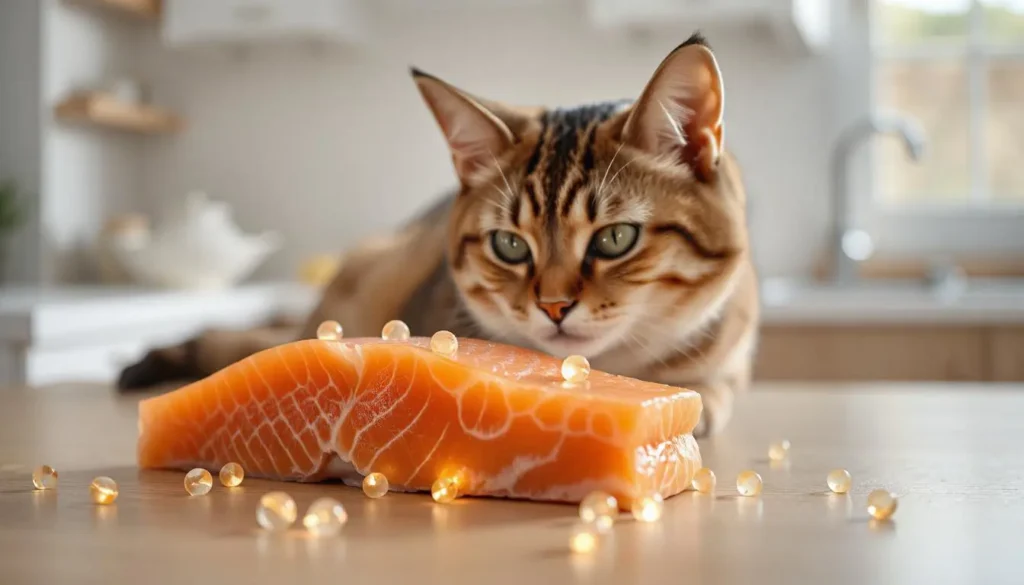 Illustration showing omega-3 fatty acids glowing from wild-caught salmon, impacting cat health.