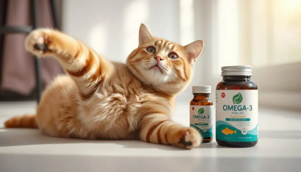 A playful cat with a shiny coat next to bottles of omega-3 supplements and fish oils.