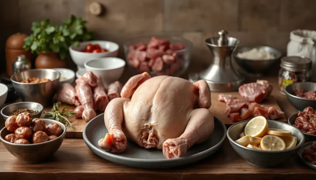 A kitchen counter with raw chicken, organ meats, a meat grinder, bowls, and storage containers.