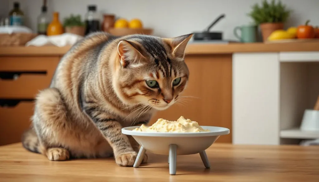 A senior cat eating pureed food from an elevated bowl.