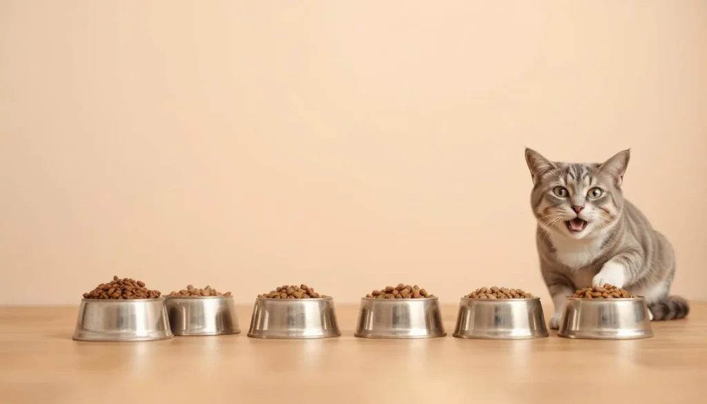 A timeline of food bowls transitioning from old to new cat food, with a happy cat eating at each stage.