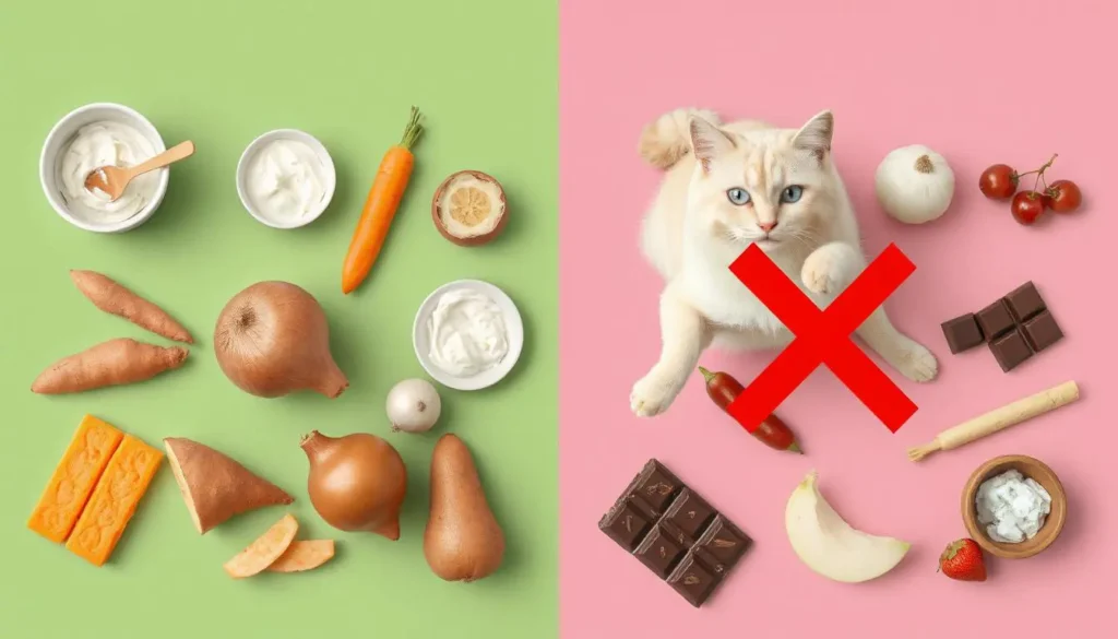 A guide to safe and unsafe ingredients for cats, showing sweet potatoes and chocolate with labels.