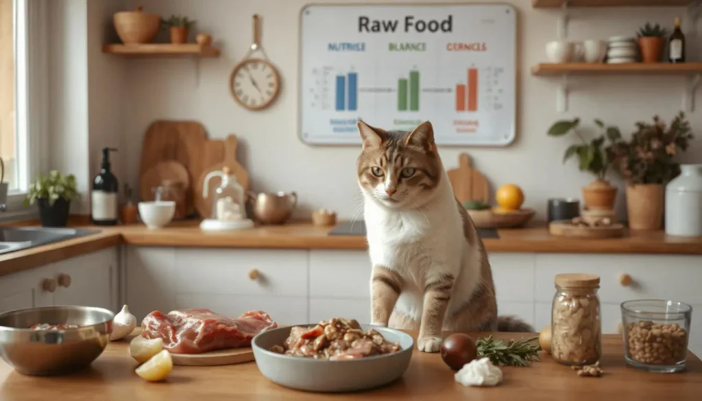 Raw food ingredients for cats, with a focus on nutrient balance in homemade diets.