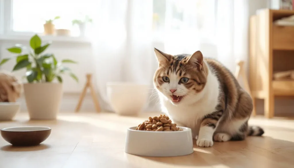 A cat enjoying rabbit-based cat food in a cozy home setting."
A cat enjoying rabbit-based cat food in a cozy home setting.