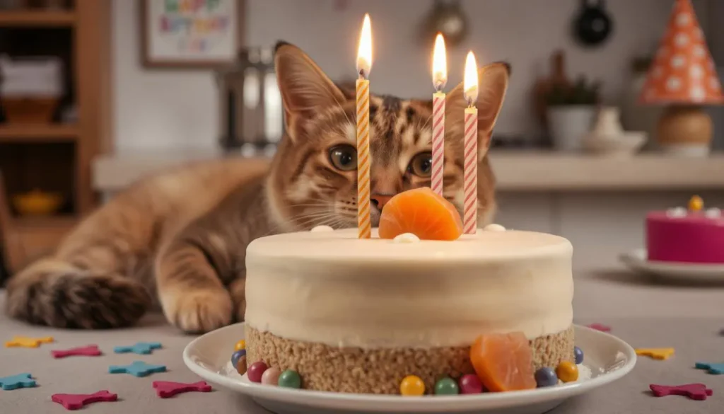 A close-up of a cat-friendly birthday cake decorated with tuna, salmon, and yogurt frosting.