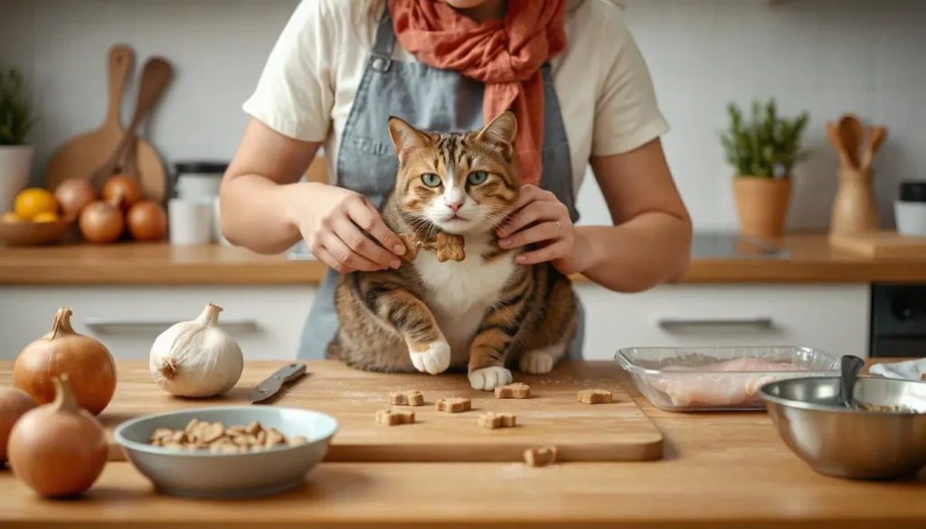 A kitchen scene with a person preparing safe homemade cat treats, avoiding harmful ingredients like onions and garlic.