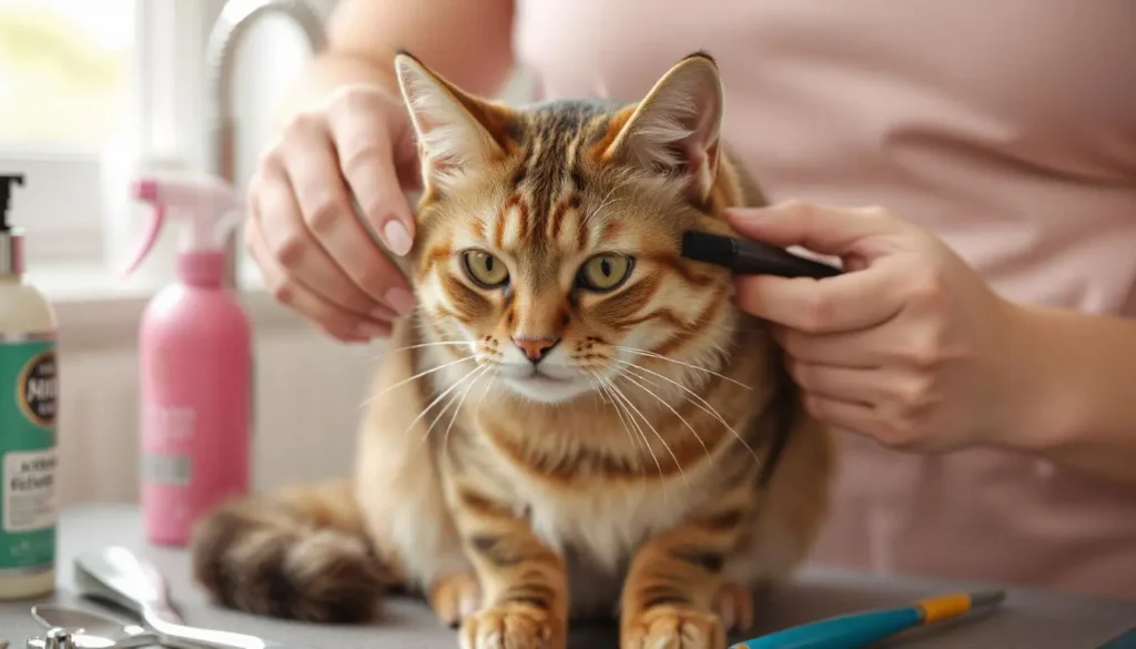 Owner brushing a Scottish Fold cat and cleaning its ears.