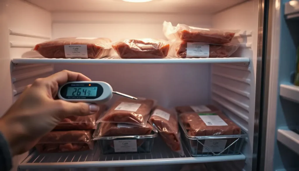 Digital thermometer checking freezer temperature with labeled packages of raw cat food inside.